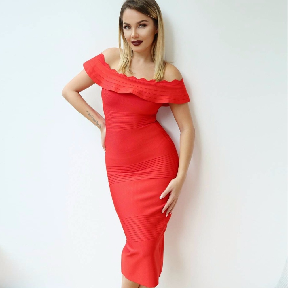 Red Off The Shoulder Midi Bandage Dress #781