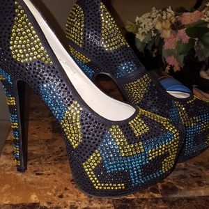 Multi color rhinestone heels