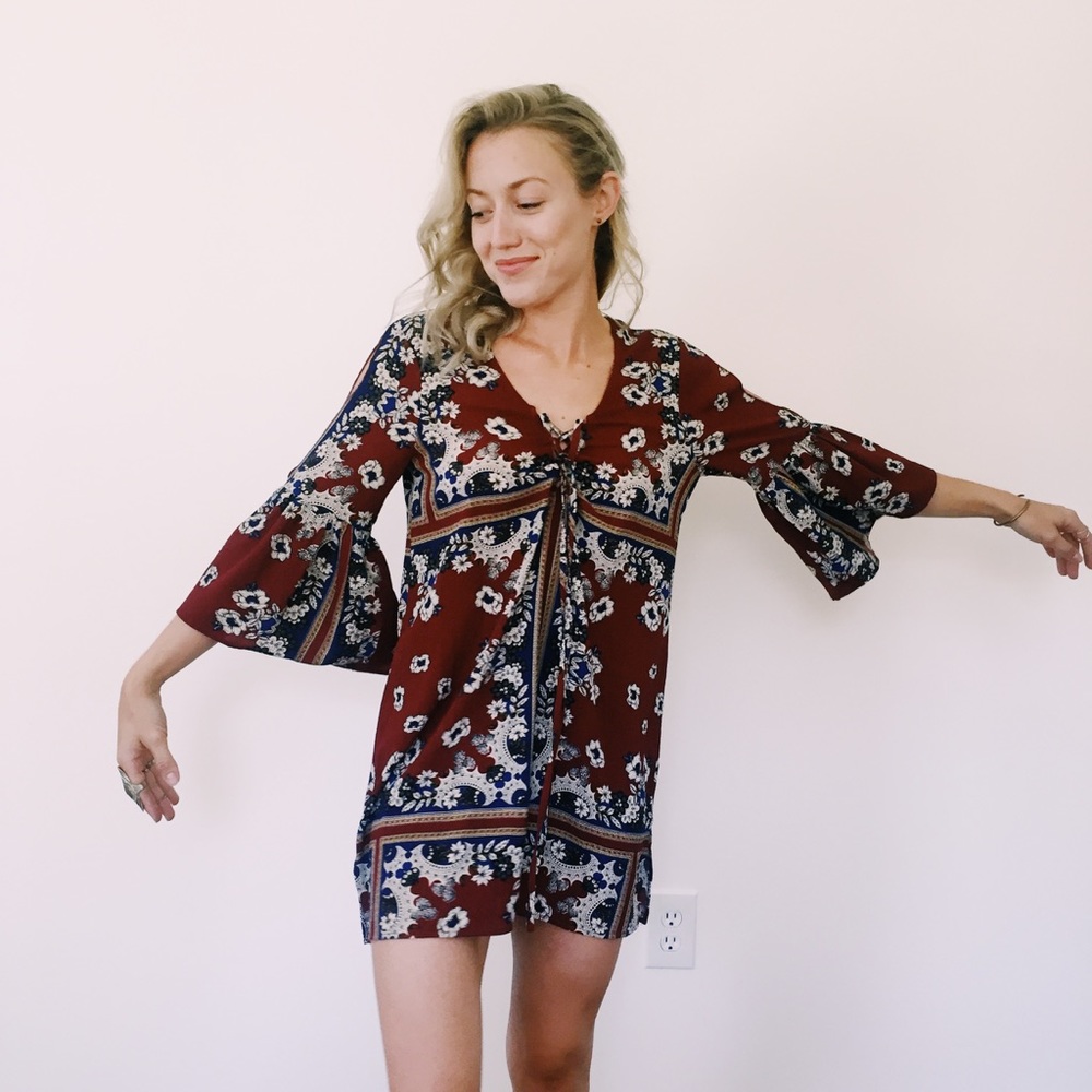 Boohoo Lace Up Printed Shift Dress