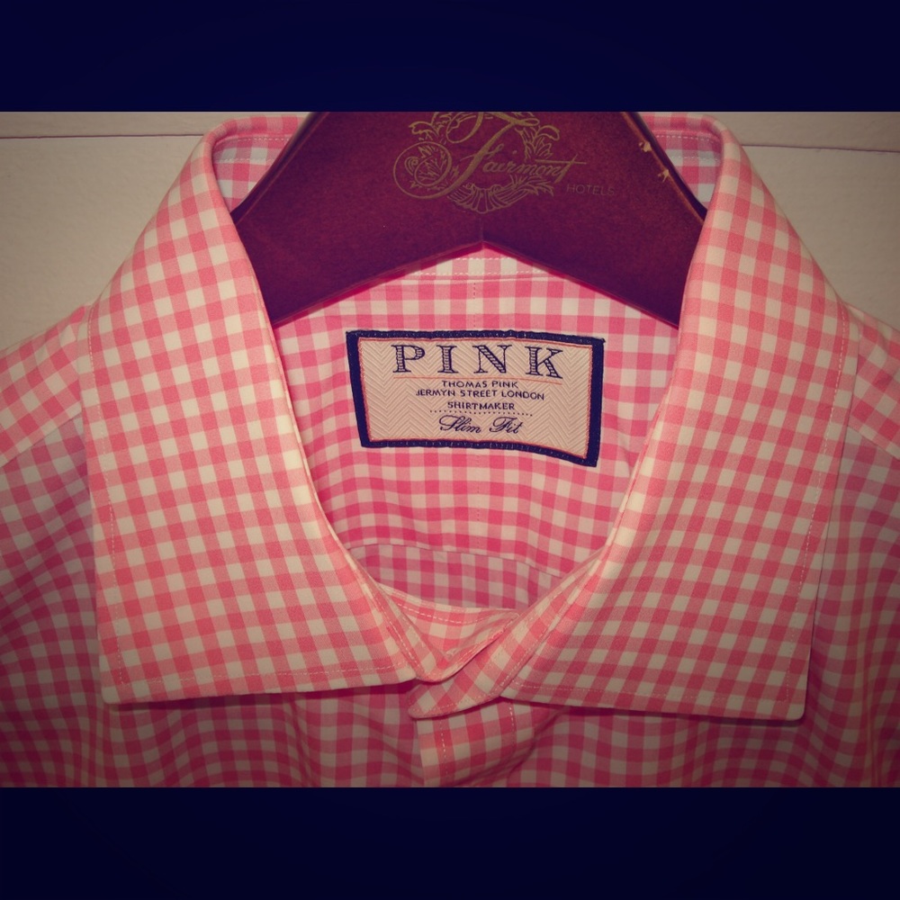 Thomas Pink Check Slim Fit Button Cuff 16 41cm