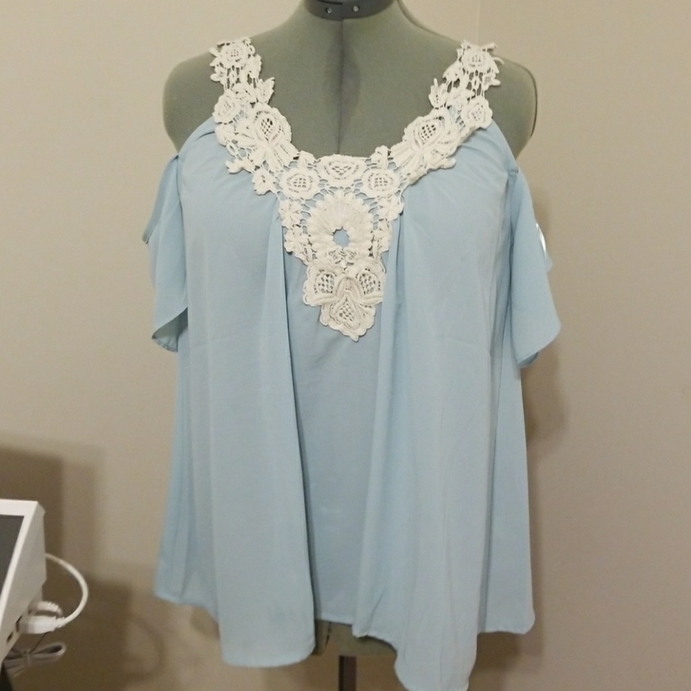 Lace neck cold shoulder shirt