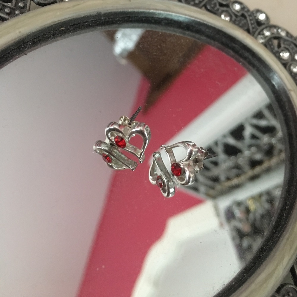 Silver heart with ruby stud earrings