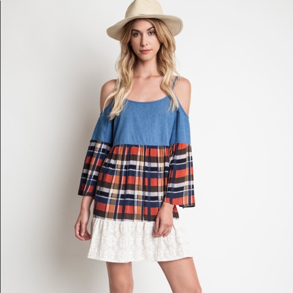 COLD SHOULDER PLAID/DENIM Swing Dress