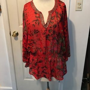 Sheer red patterned blouse!