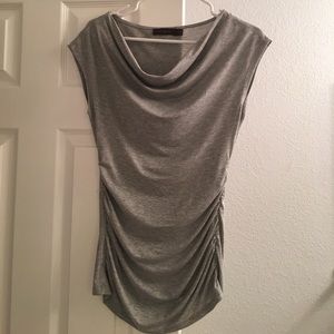 Shimmery cowl neck top with cinching on sides