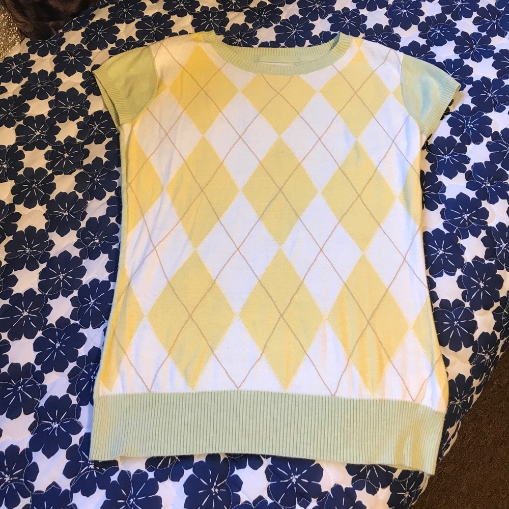 Argyle shirt. Yellow, white with green and brown.