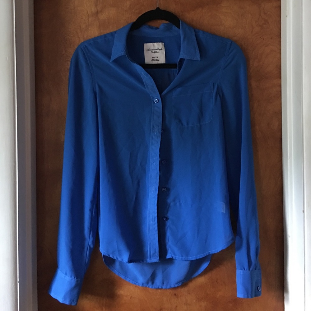 American Eagle XXS sheer blue button up shirt