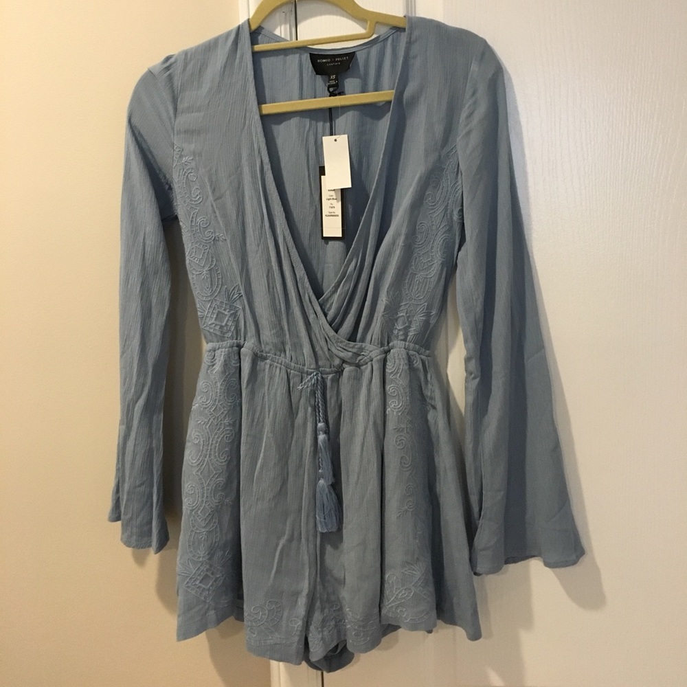 Long sleeve  deep v light blue romper