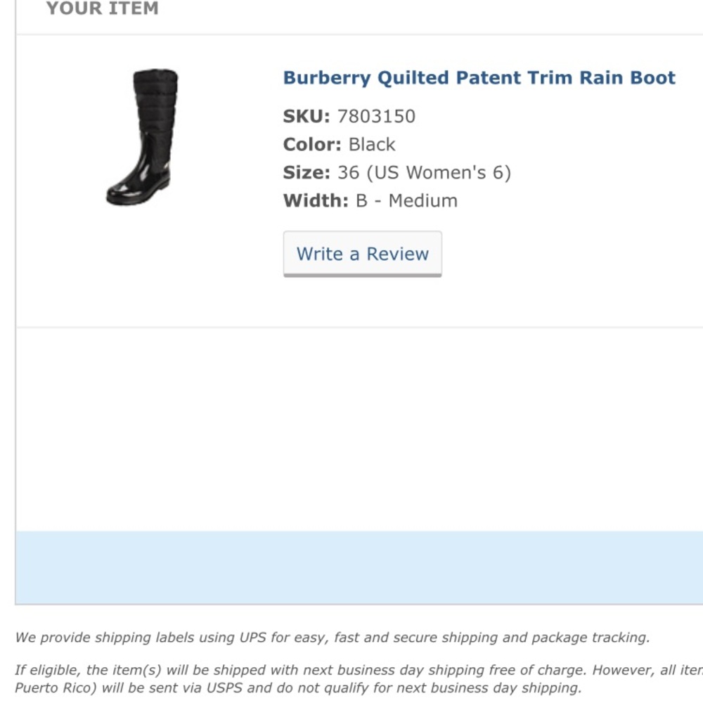 Receipt for Burberry rain boot