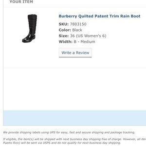 Receipt for Burberry rain boot