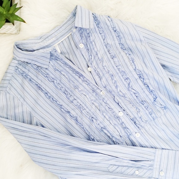 J. Crew Tops - J. Crew Blue Ruffle Button Down Blouse w/ Stripes