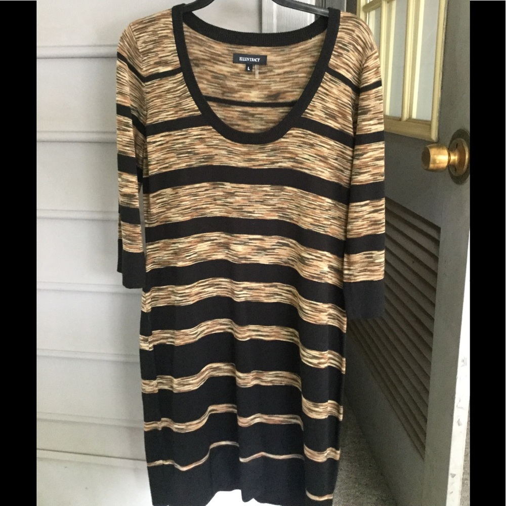 Ellen Tracy swearer dress brown w autumn stripes