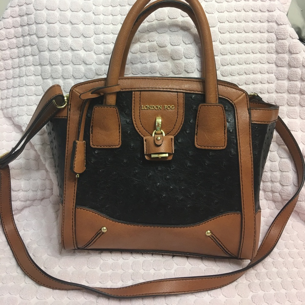 London Fog Black Ostrich Satchel Handbag