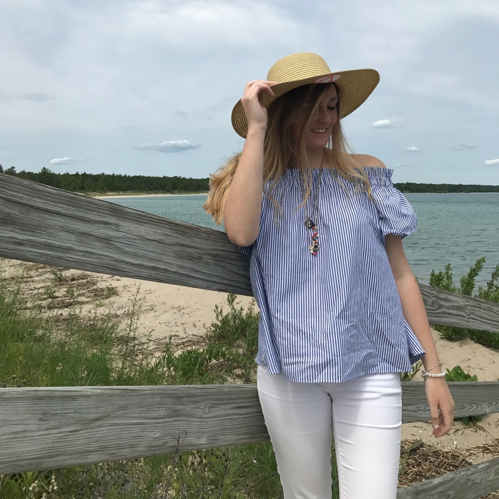 Off the shoulder royal blue stripped top