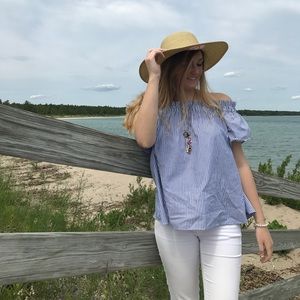 Off the shoulder royal blue stripped top