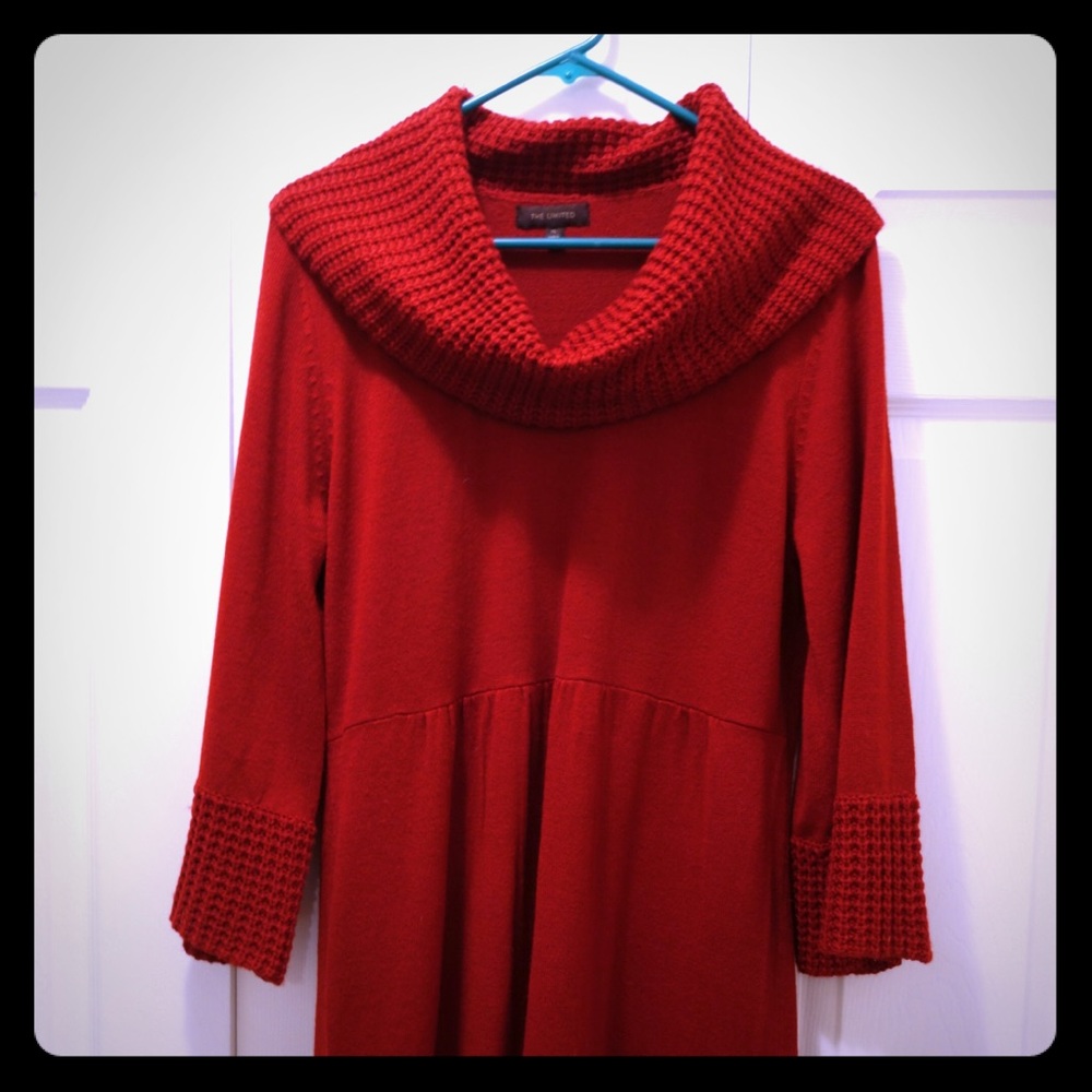 Red cowl neck sweater dress