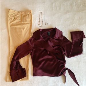 Outfit womens silk blouse, ankle pants and jewelry