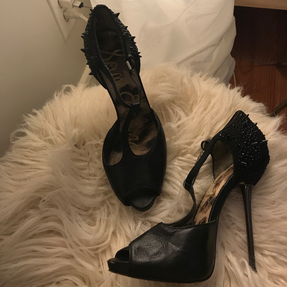 T strap glam studded heels