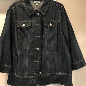 Denim jacket, light weight, ruffle placket trim.