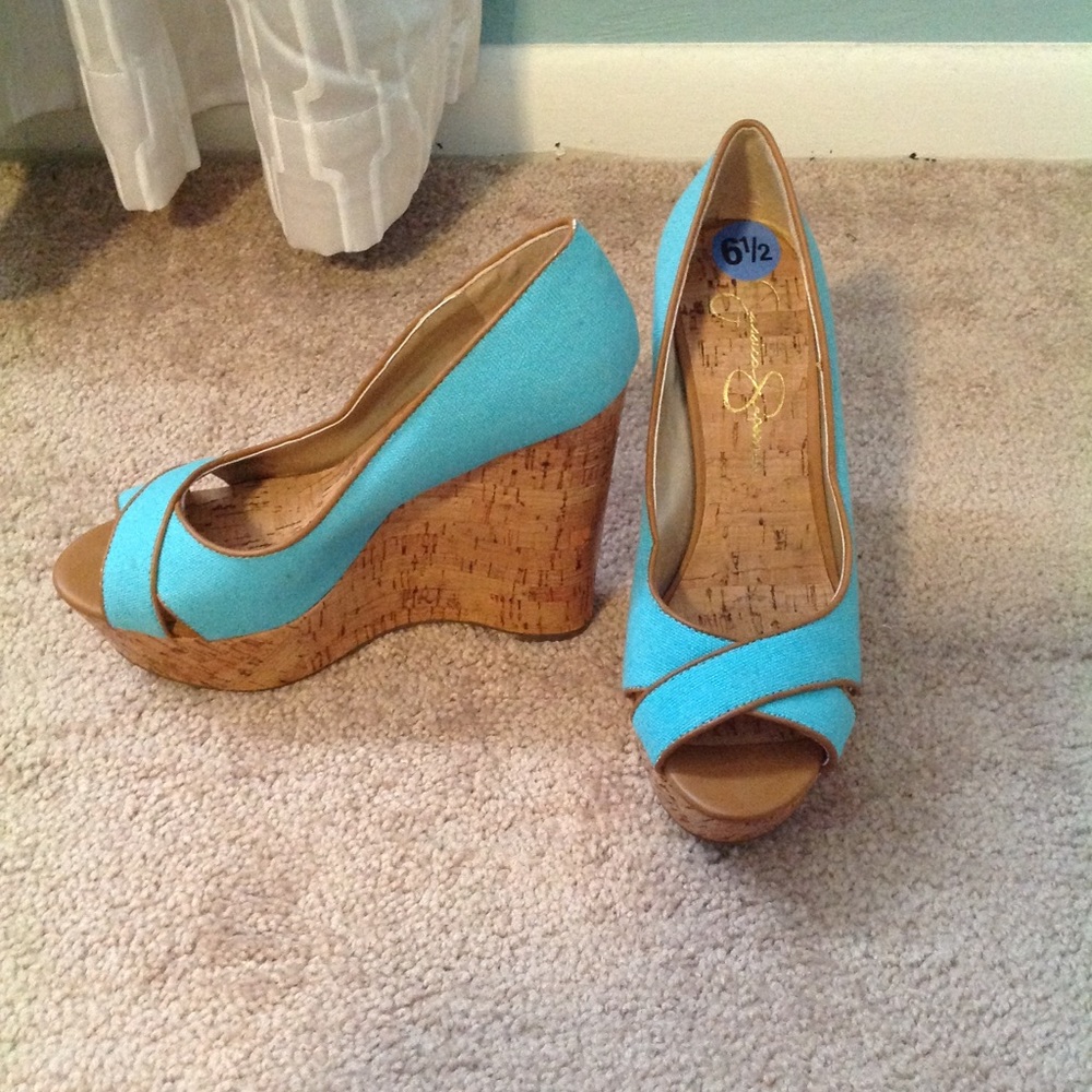 Jessica Simpson blue platform wedges
