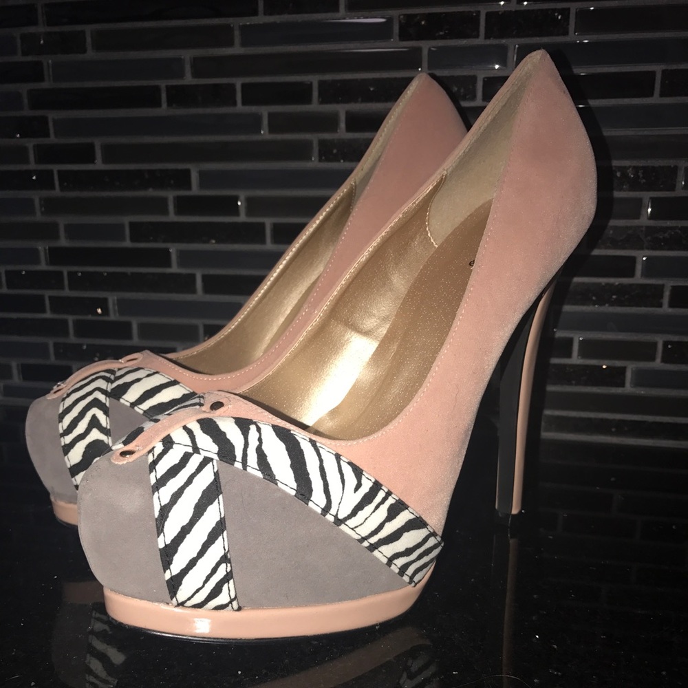 Light pink heels with zebra and grey accents.