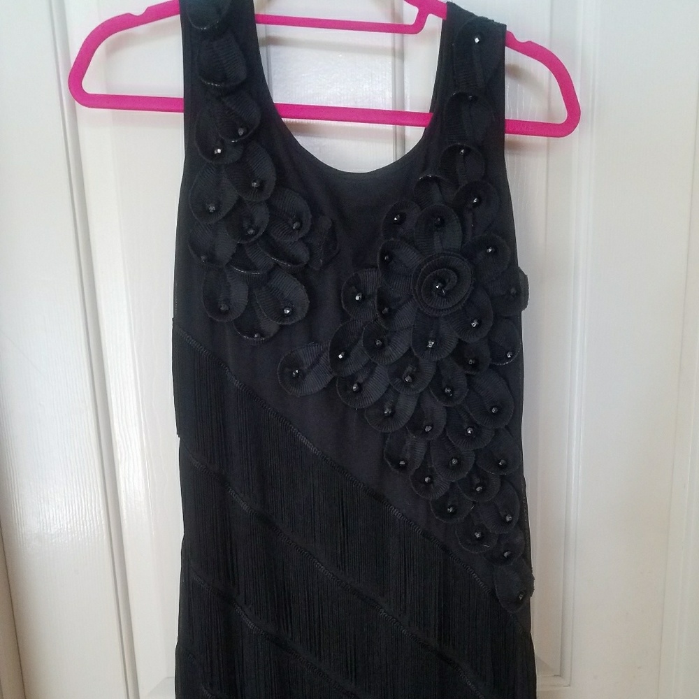 Black Fringe and Flower detailed Flapper dress