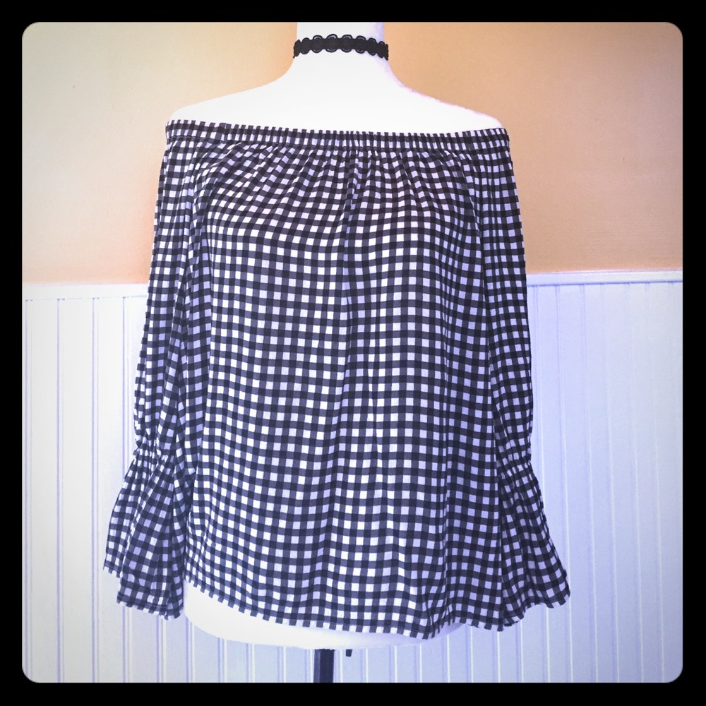 Sanctuary off the shoulder Black Gingham top