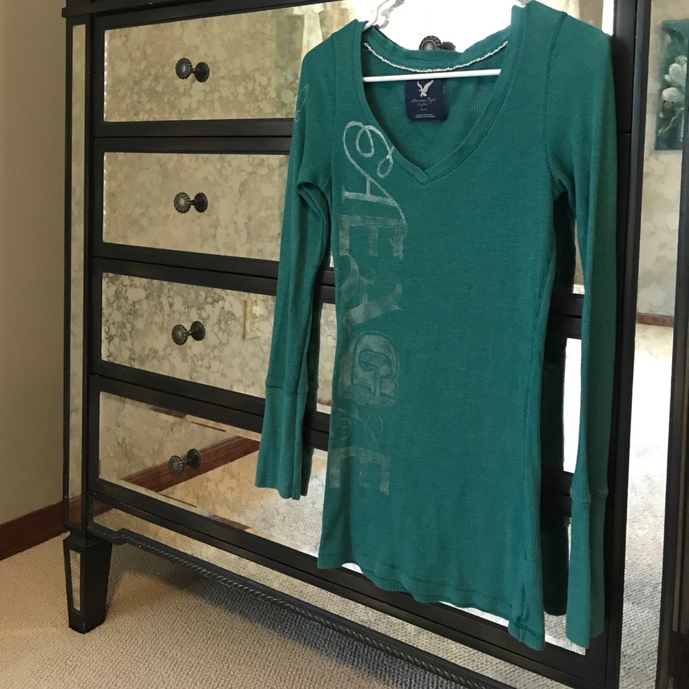 Long sleeved teal thermal shirt