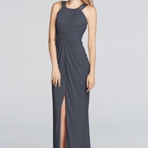 David's Bridal Long Beaded Dress w/ Ruched Waist