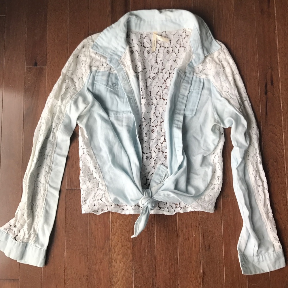Blue washed out button up top with lace