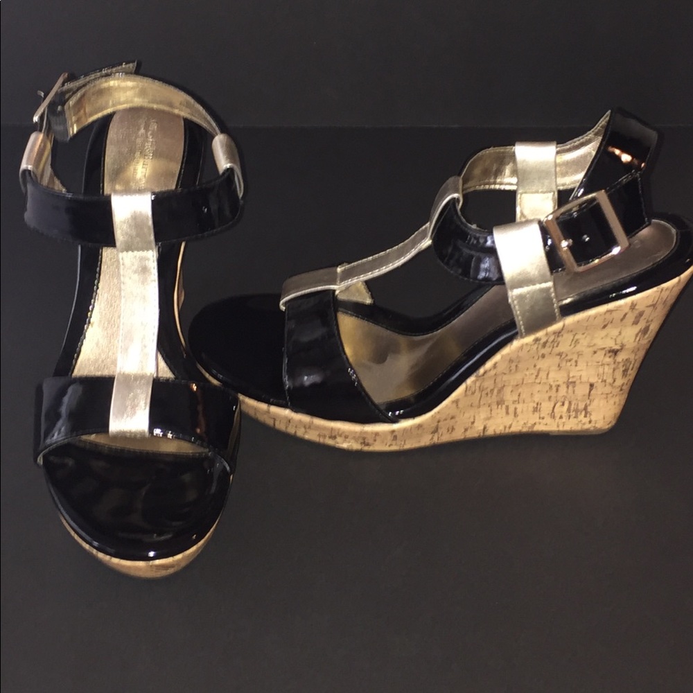 Gold and Black Patent Leather Wedges
