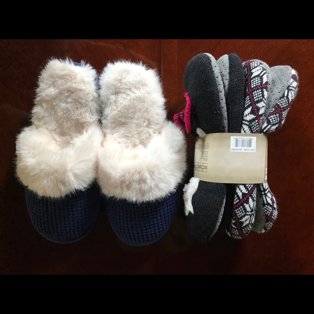 Slippers: Navy with hard bottom, and sock-like