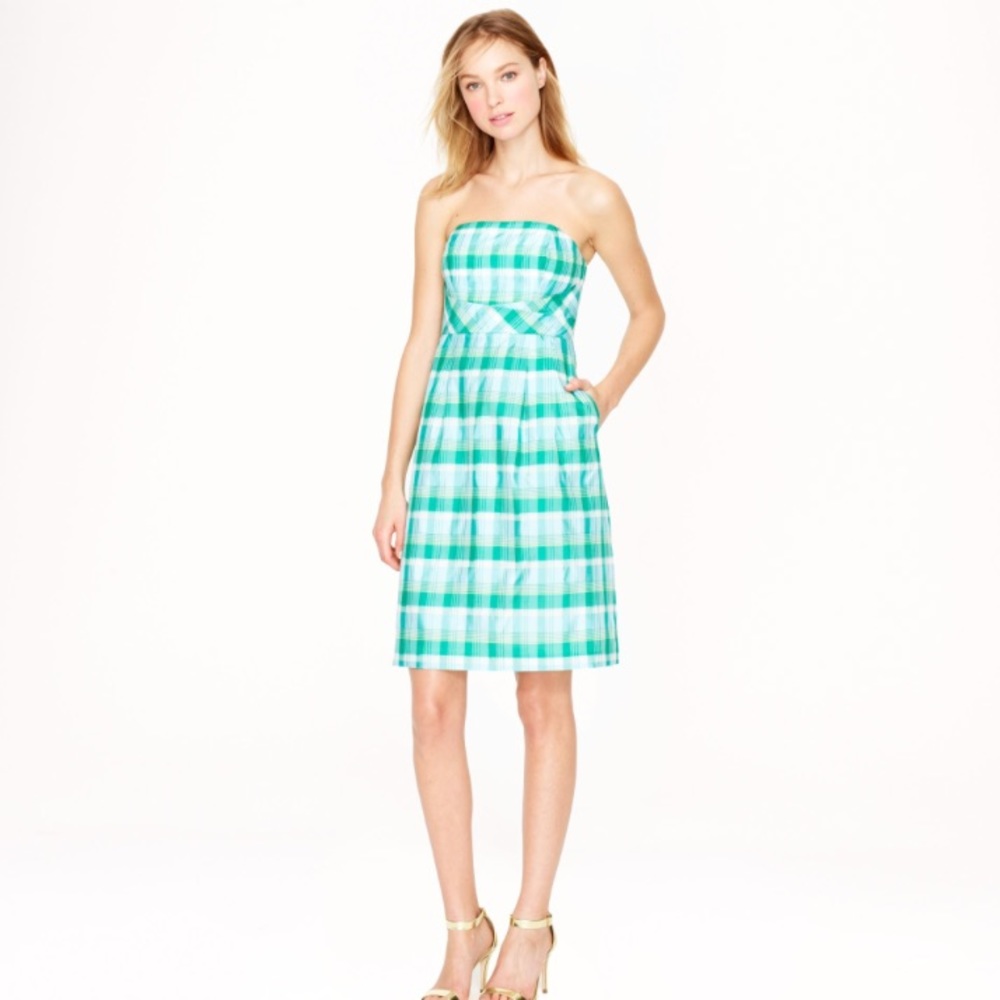 J Crew silk strapless dress.