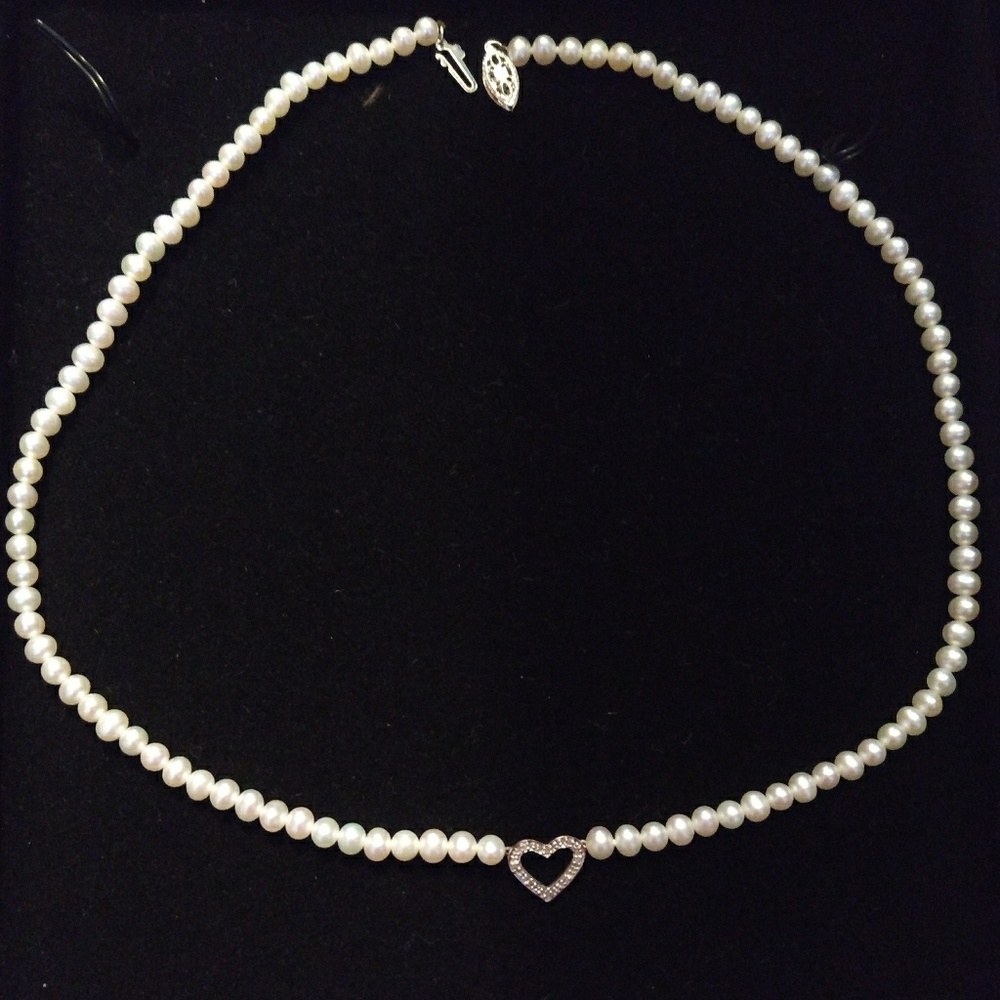 Authentic Pearl necklace with diamond accent heart