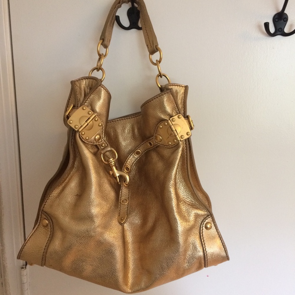 Miu Miu Metallic Gold Leather Belt Buckle Tote Bag