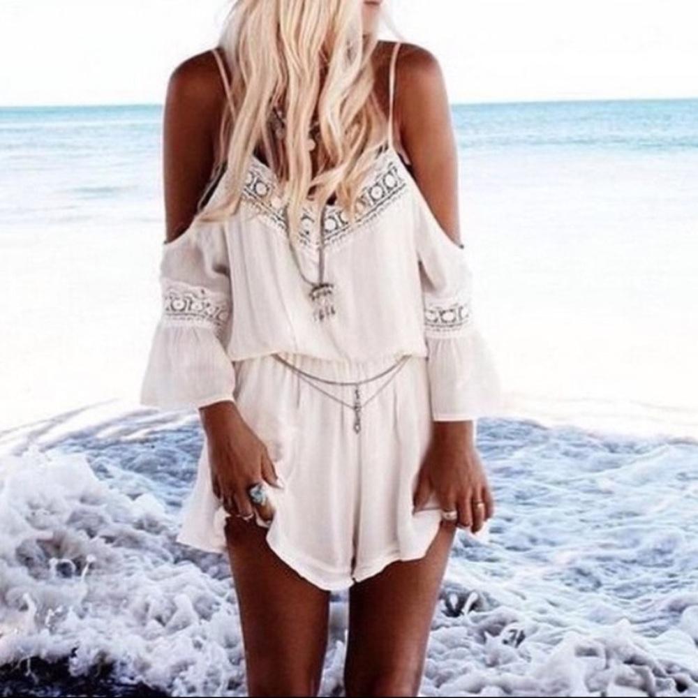 Women's White Summer Crochet Romper