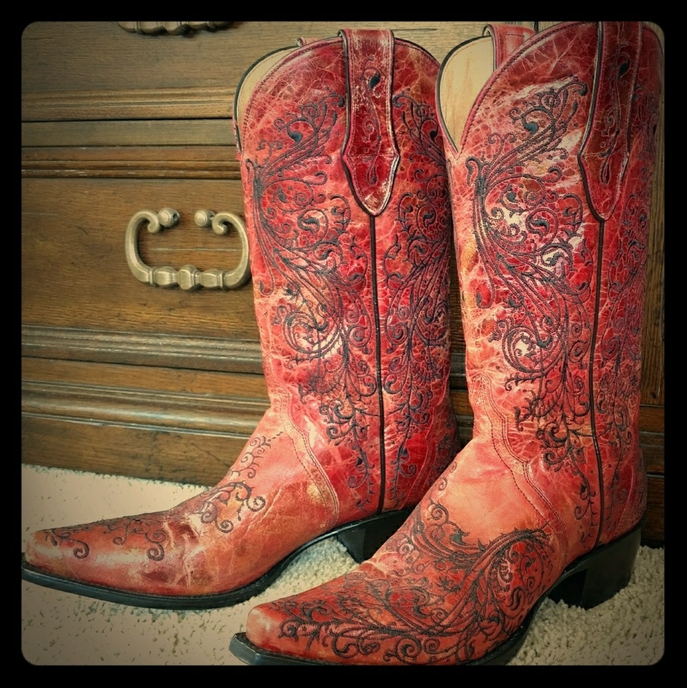Leather Cowboy Boots Multi-Color Red Embroidered D