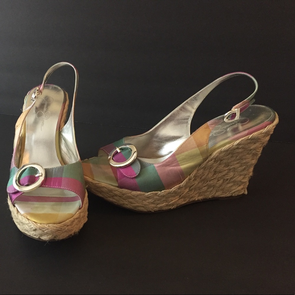 Summer plaid wedges with silver accents.