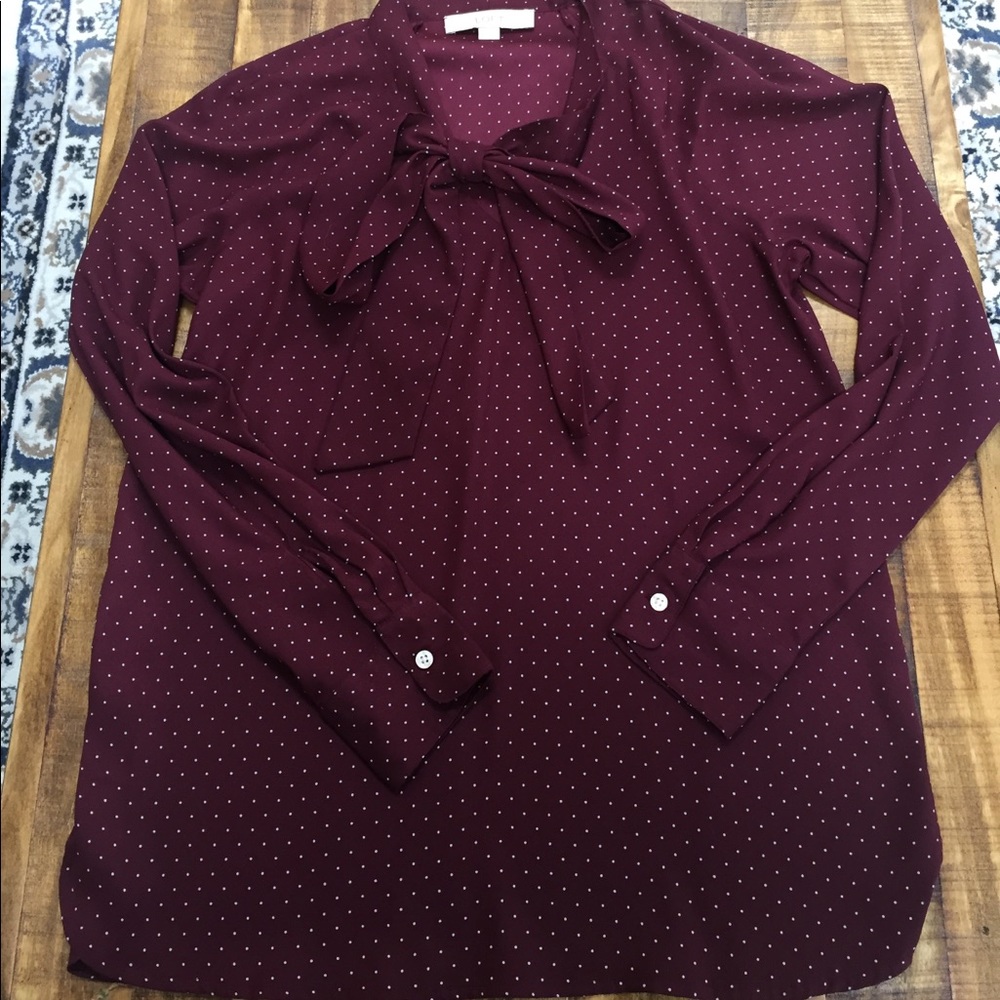 Loft bow tie blouse w/ small white polka dot print