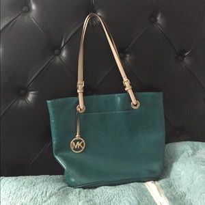 Teal patent leather tote