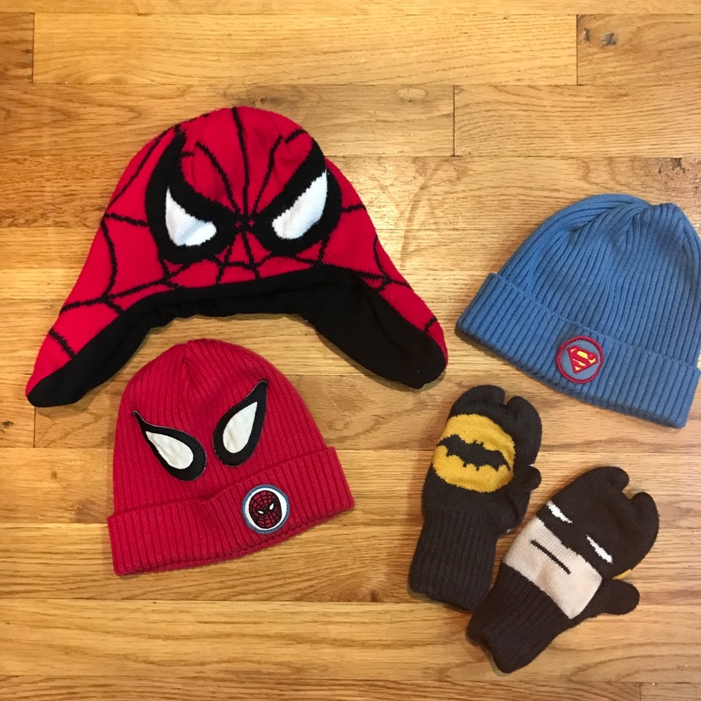 Junk food gap superhero skull caps and mittens