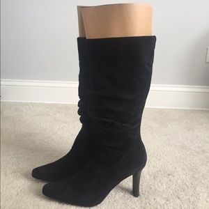 White Mt. Black Suede Heeled Boots. Size 8