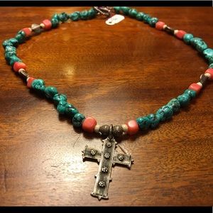 Turquoise and Coral Silver Cross Necklace