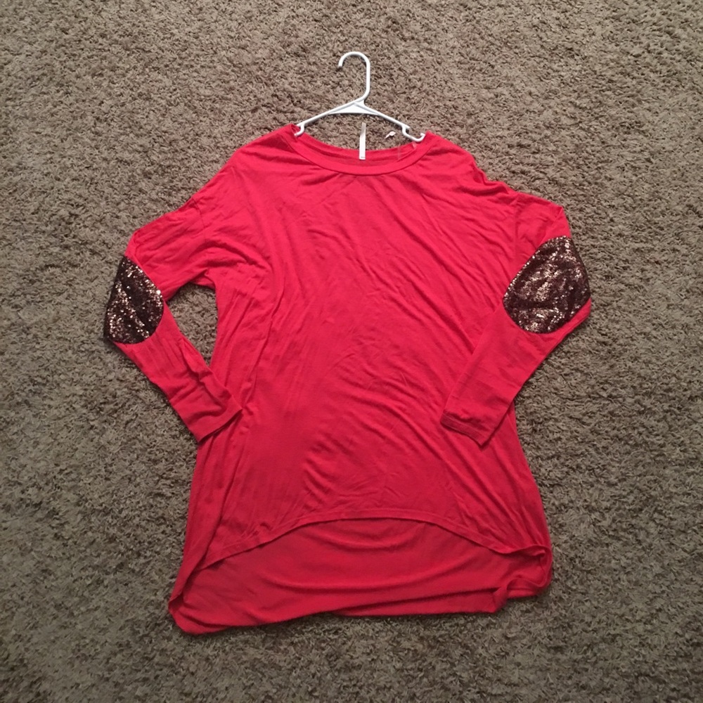 Pink tunic with gold sequin elbow patches