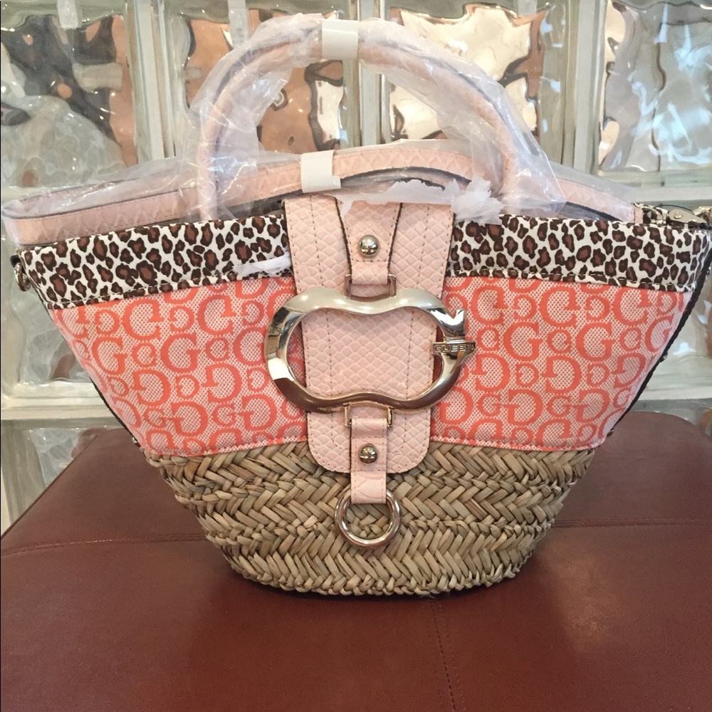GUESS "Eden" Straw, Orange, Leopard Handbag, New