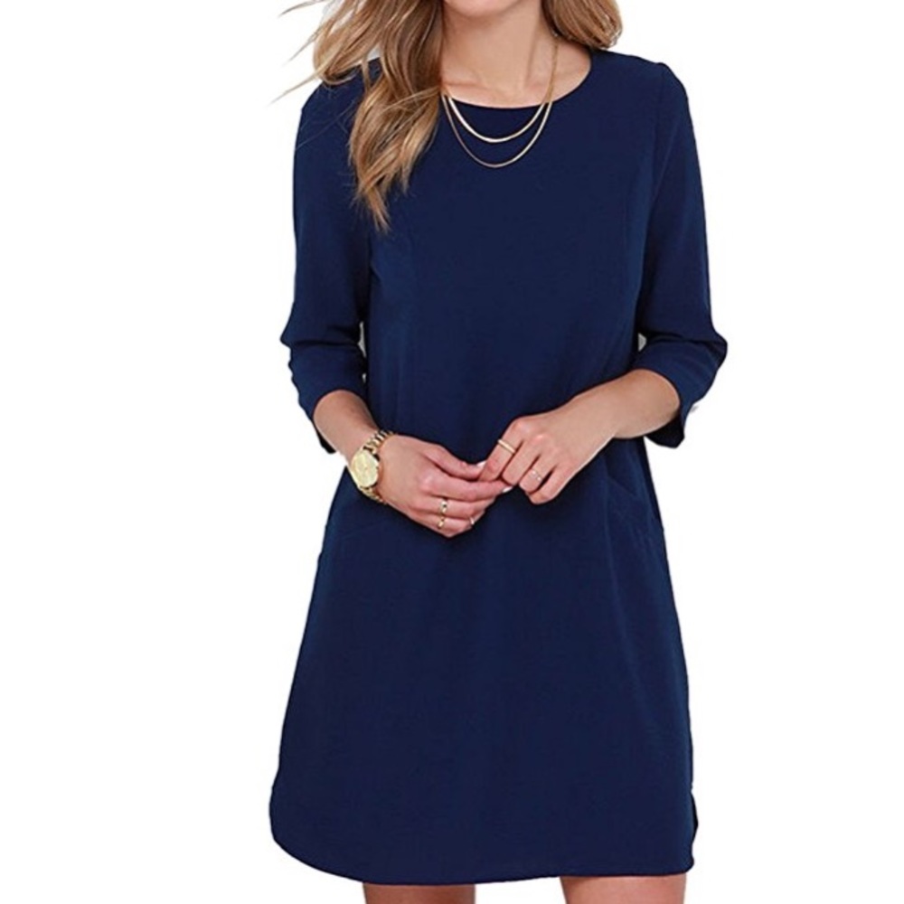 Women Casual Keyhole Back 3/4 Sleeve Shift Dress