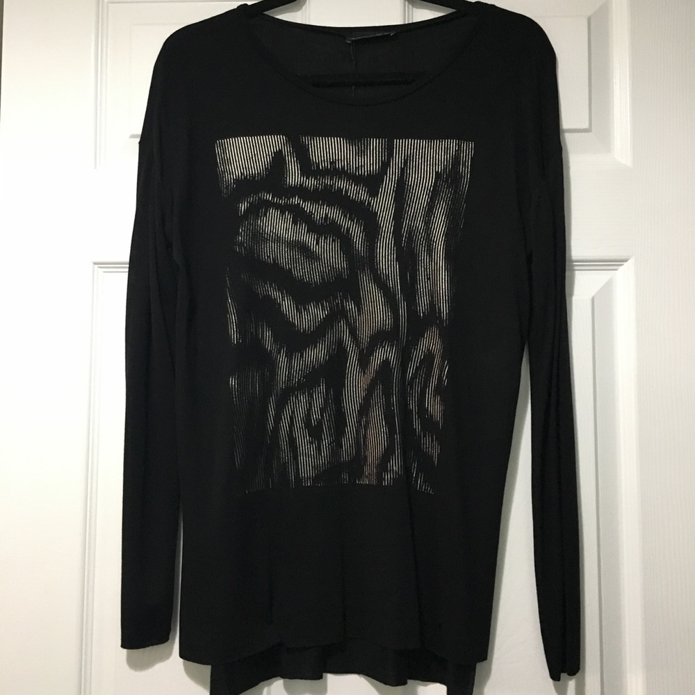 ***Zara black long sleeve top w/silver foil design S