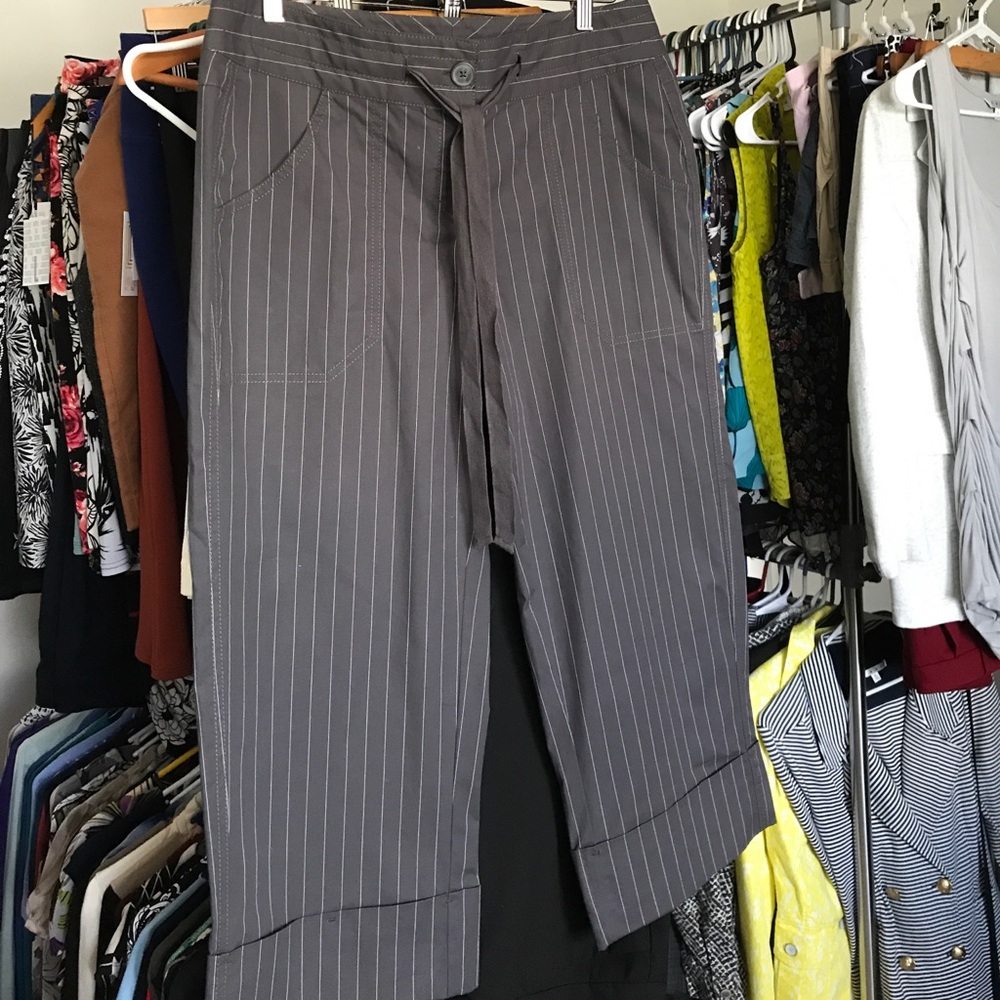 Cabi size 10 Capri pants. Gray and white stripe