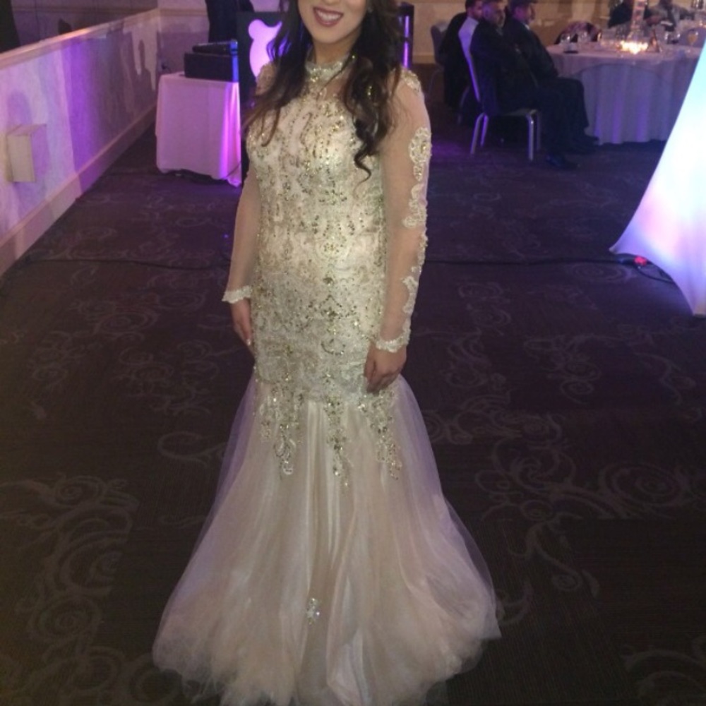 Janique champagne embellished long sleeve gown