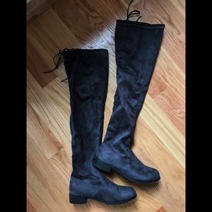 suede thigh high boots w/ adjustable straps at top